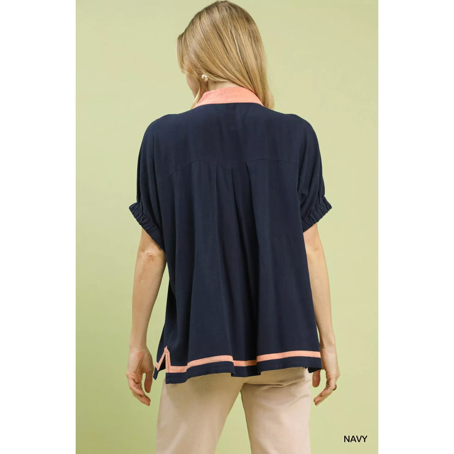Umgee Linen Contrast Trim V-Neck Blouse Apparel and Accessories