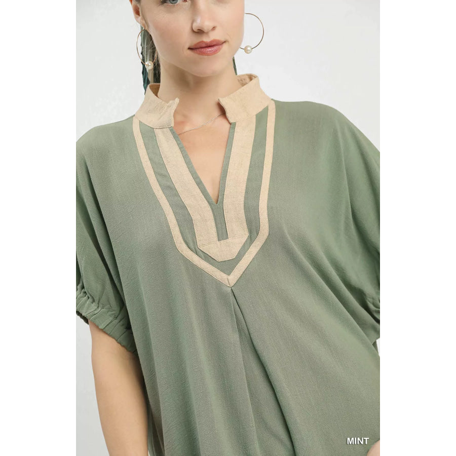 Umgee Linen Contrast Trim V-Neck Blouse Apparel and Accessories
