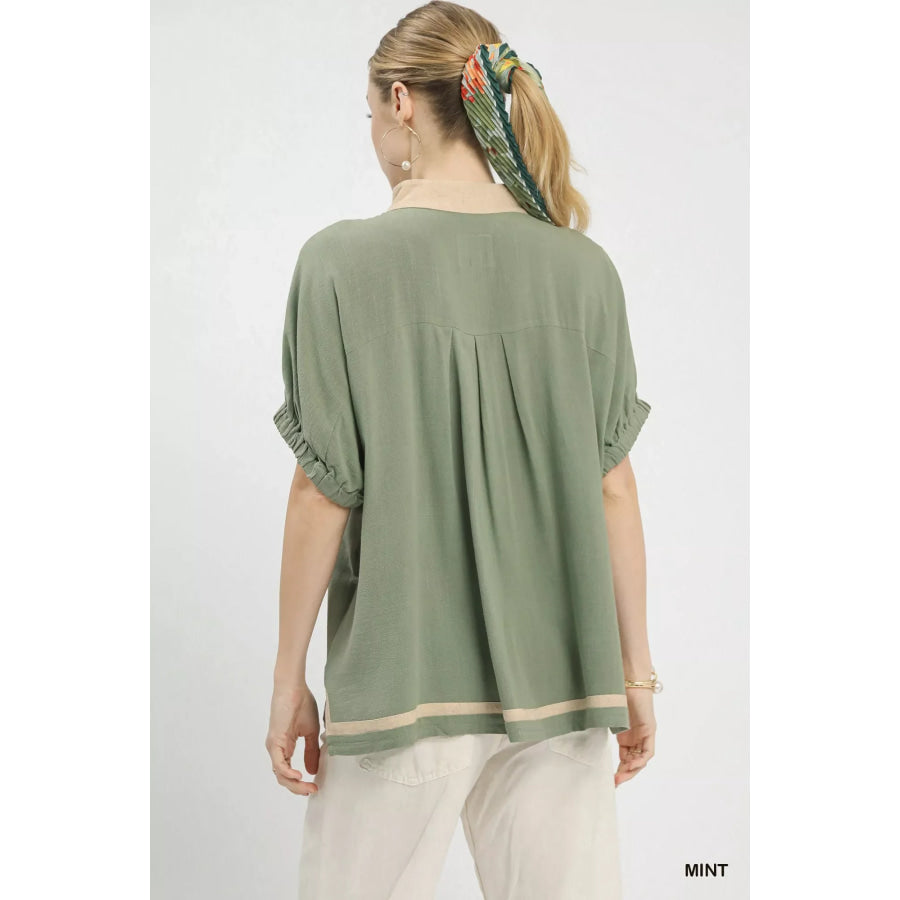 Umgee Linen Contrast Trim V-Neck Blouse Apparel and Accessories