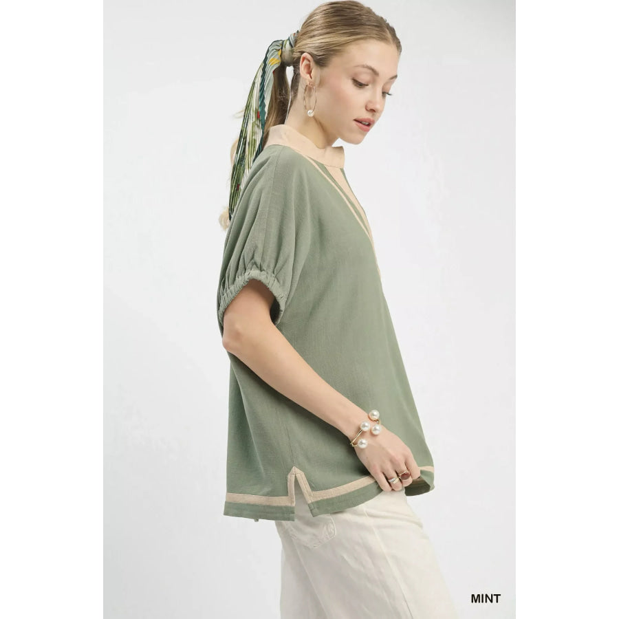 Umgee Linen Contrast Trim V-Neck Blouse Apparel and Accessories