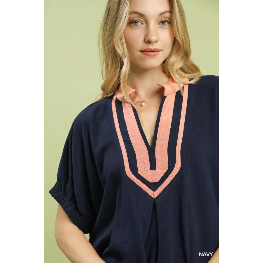 Umgee Linen Contrast Trim V-Neck Blouse Apparel and Accessories