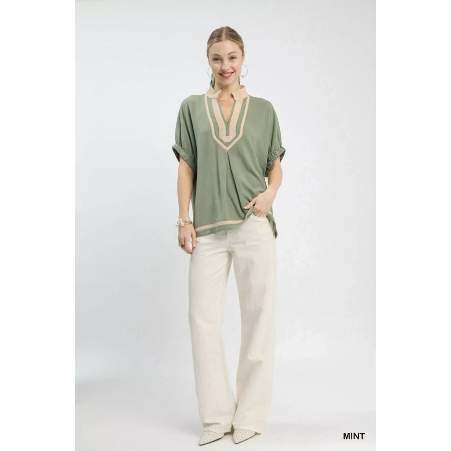 Umgee Linen Contrast Trim V-Neck Blouse Apparel and Accessories
