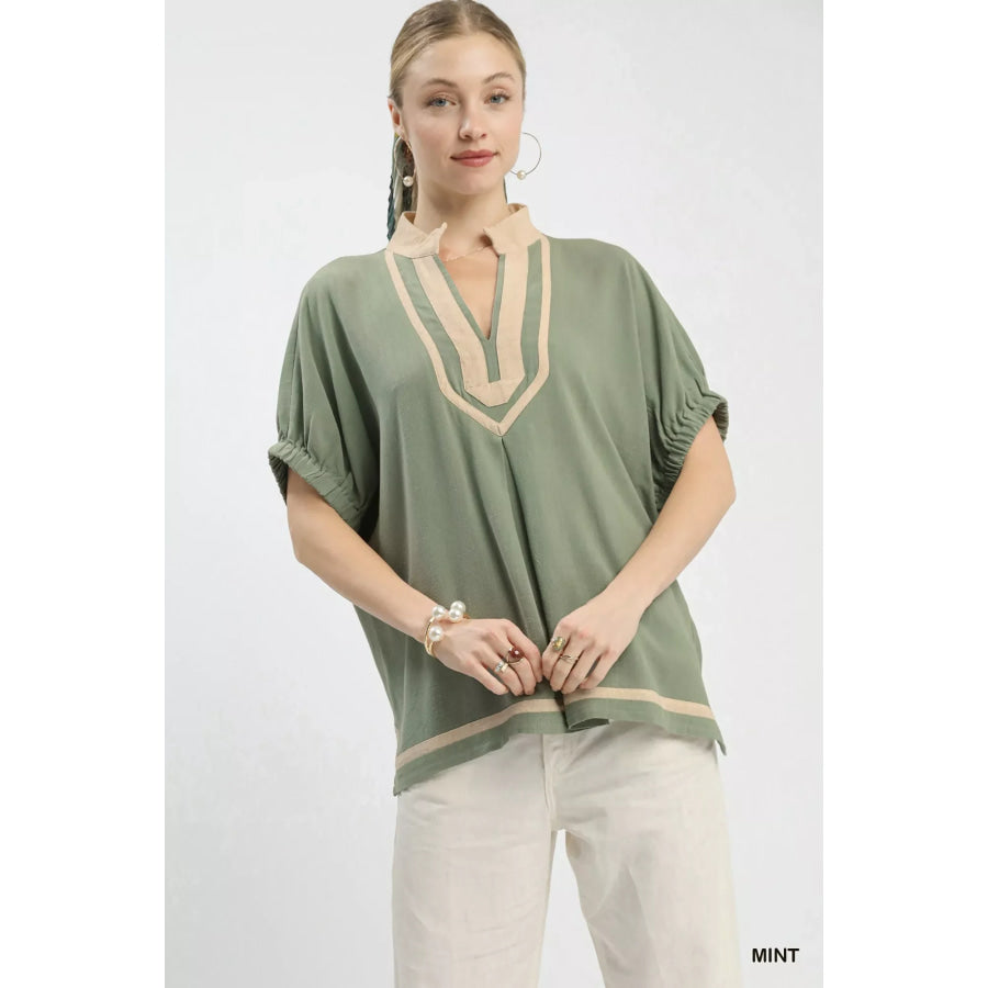 Umgee Linen Contrast Trim V-Neck Blouse MINT / S Apparel and Accessories