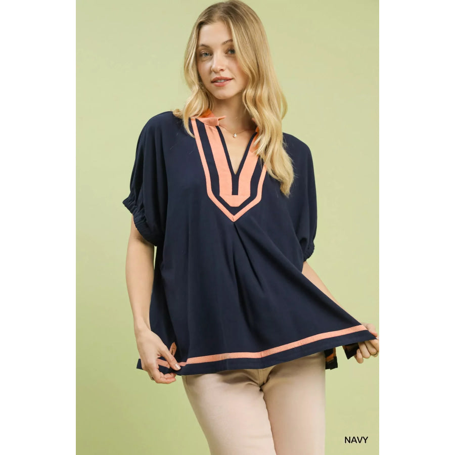 Umgee Linen Contrast Trim V-Neck Blouse NAVY / S Apparel and Accessories
