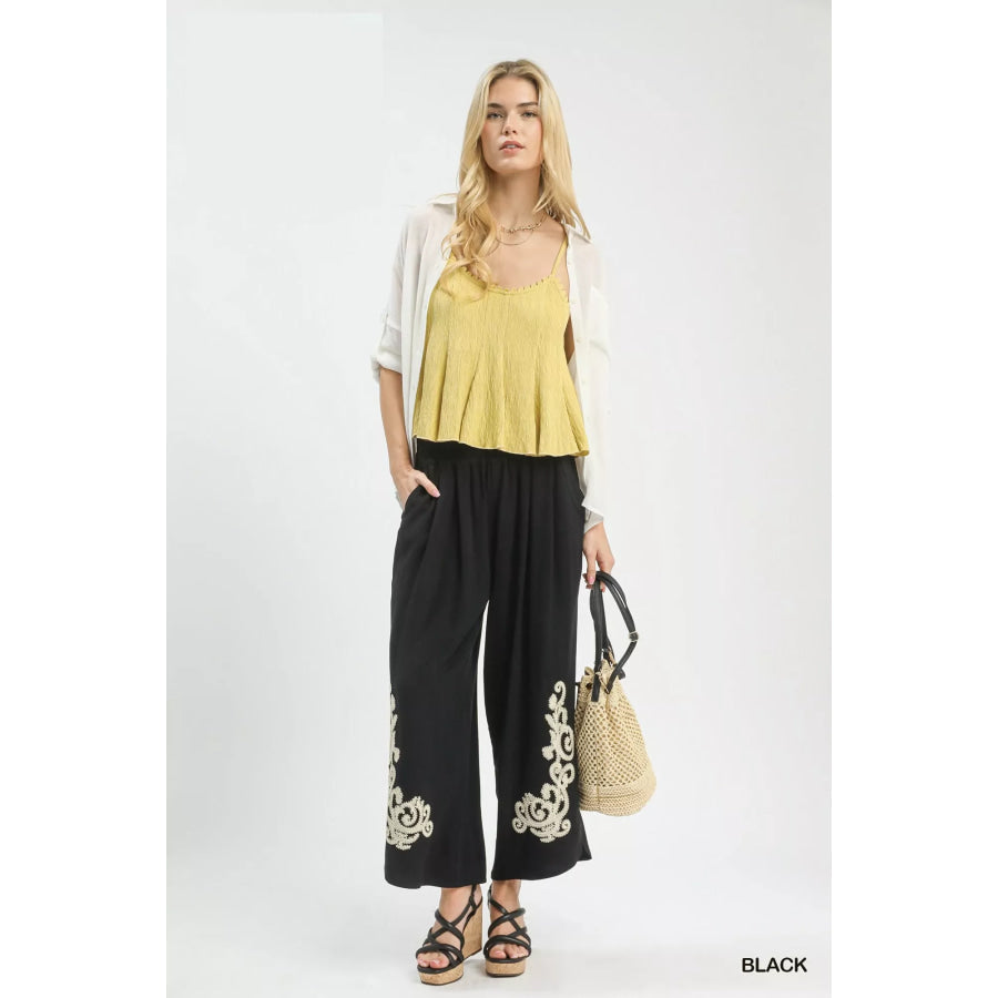 Umgee Linen Embroidered Wide-Leg Boho Pants Apparel and Accessories
