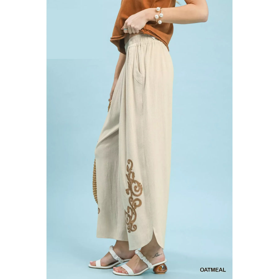 Umgee Linen Embroidered Wide-Leg Boho Pants Apparel and Accessories
