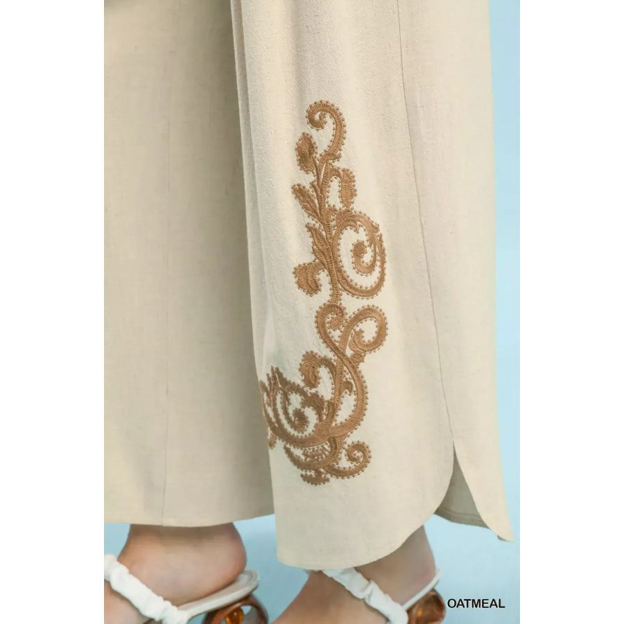 Umgee Linen Embroidered Wide-Leg Boho Pants Apparel and Accessories