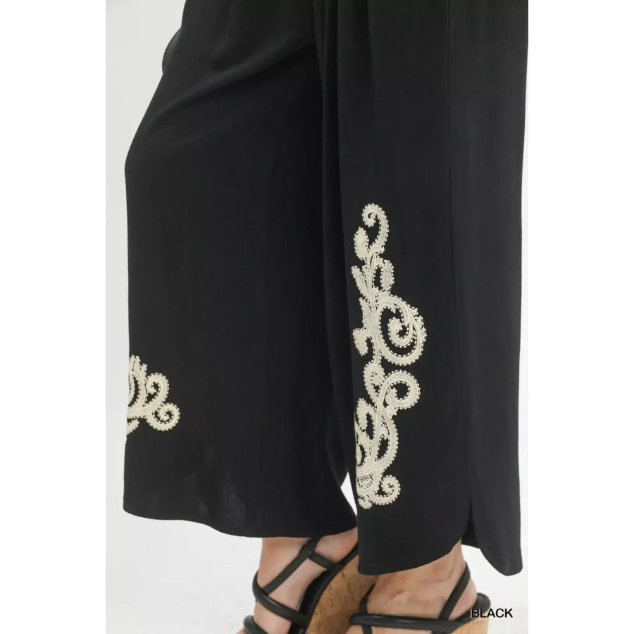 Umgee Linen Embroidered Wide-Leg Boho Pants Apparel and Accessories