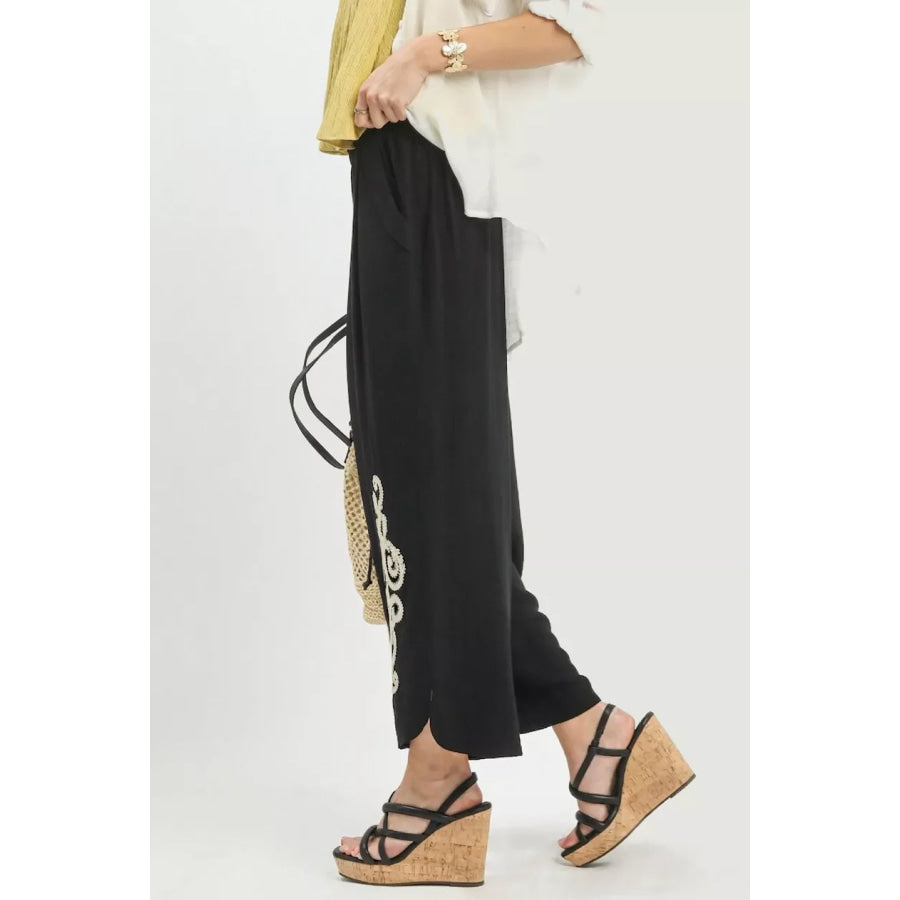 Umgee Linen Embroidered Wide-Leg Boho Pants BLACK / S Apparel and Accessories