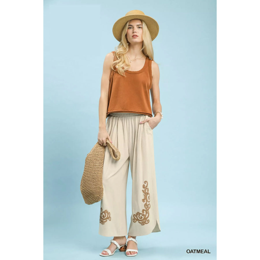 Umgee Linen Embroidered Wide-Leg Boho Pants Apparel and Accessories