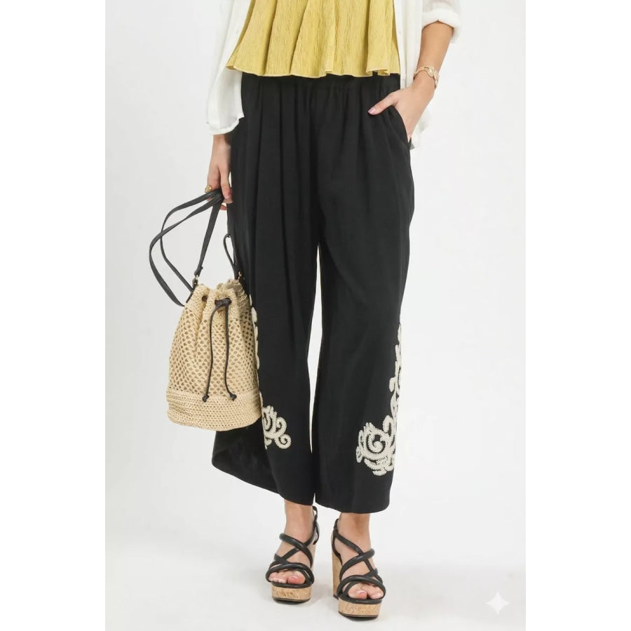 Umgee Linen Embroidered Wide-Leg Boho Pants BLACK / S Apparel and Accessories