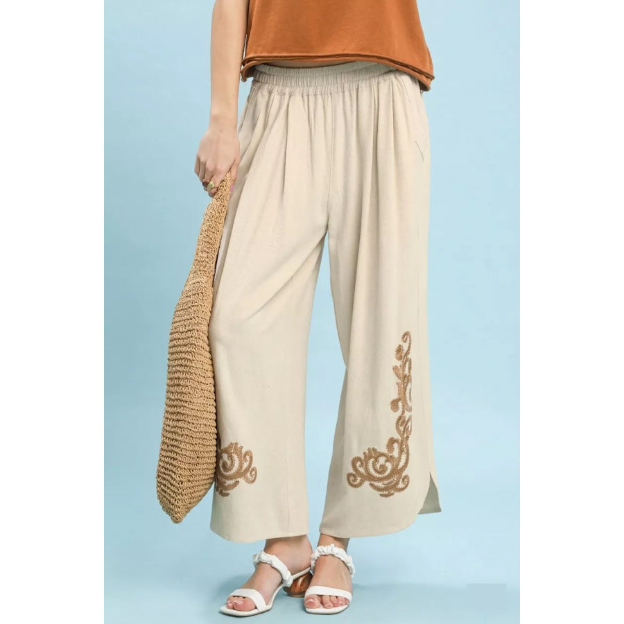 Umgee Linen Embroidered Wide-Leg Boho Pants OATMEAL / S Apparel and Accessories