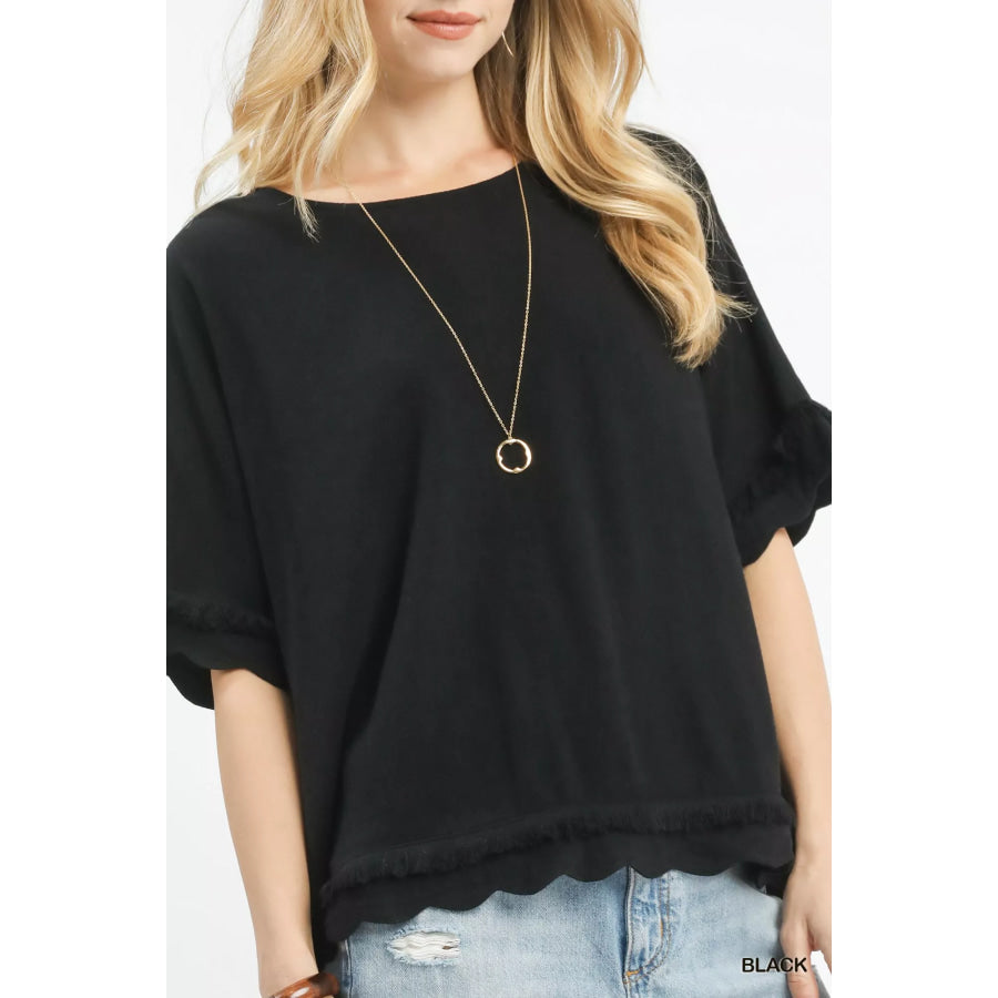 Umgee Linen Frayed Hem Scallop Edge Top Apparel and Accessories