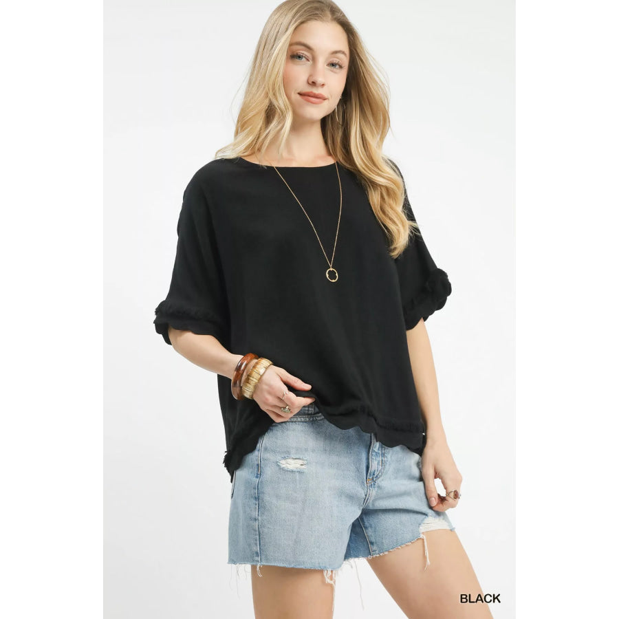Umgee Linen Frayed Hem Scallop Edge Top Apparel and Accessories