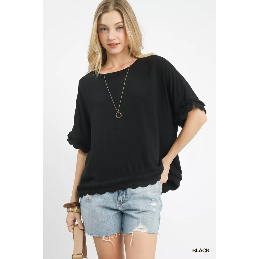 Umgee Linen Frayed Hem Scallop Edge Top Black / S Apparel and Accessories