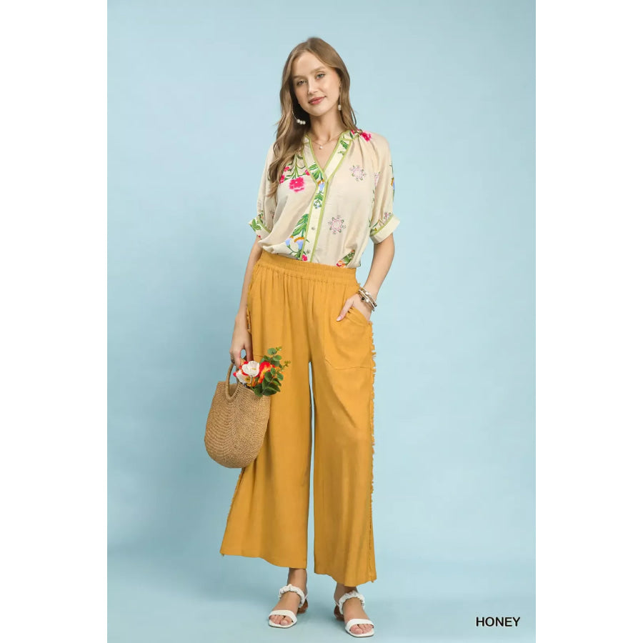 Umgee Linen Frayed Side Pocket Wide Leg Pants Apparel and Accessories