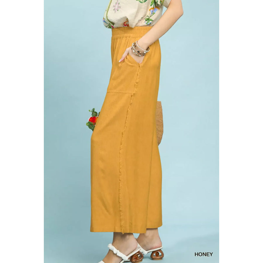 Umgee Linen Frayed Side Pocket Wide Leg Pants Apparel and Accessories