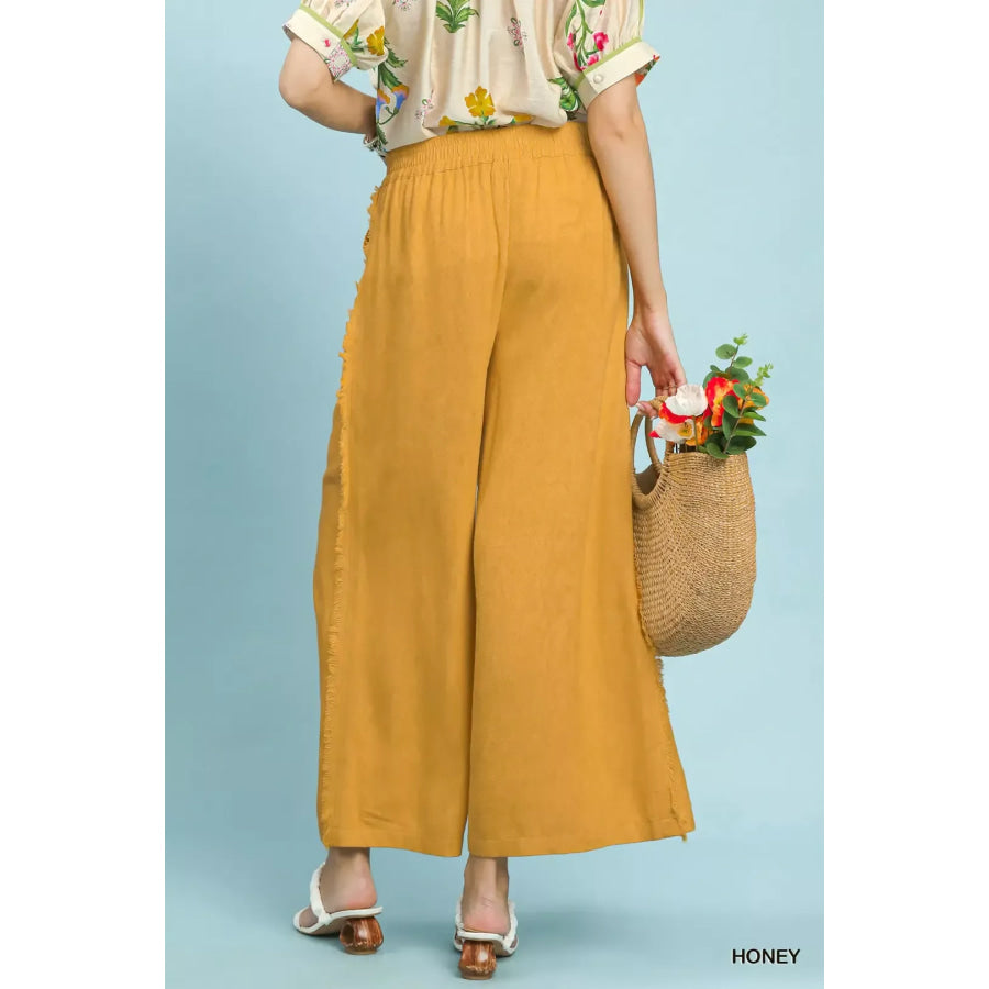 Umgee Linen Frayed Side Pocket Wide Leg Pants Apparel and Accessories