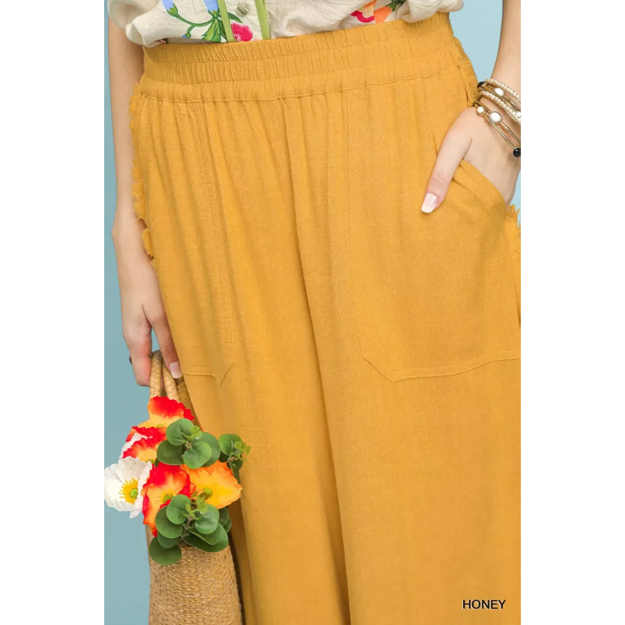Umgee Linen Frayed Side Pocket Wide Leg Pants Apparel and Accessories