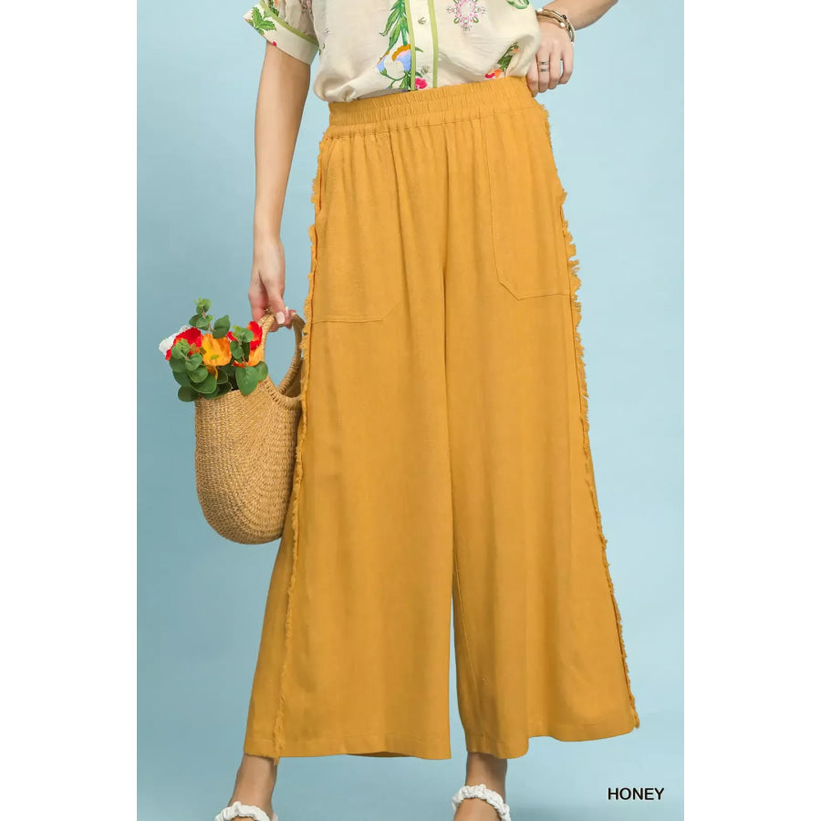 Umgee Linen Frayed Side Pocket Wide Leg Pants HONEY / S Apparel and Accessories