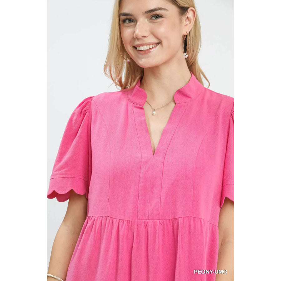 Umgee Linen Tiered Babydoll Dress with Scalloped Sleeves Apparel and Accessories