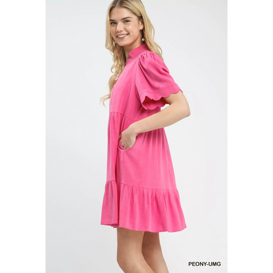 Umgee Linen Tiered Babydoll Dress with Scalloped Sleeves PEONY-UMG / S Apparel and Accessories