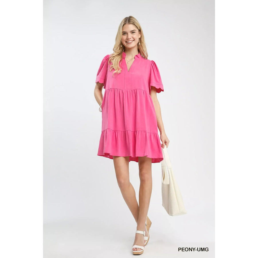 Umgee Linen Tiered Babydoll Dress with Scalloped Sleeves Apparel and Accessories