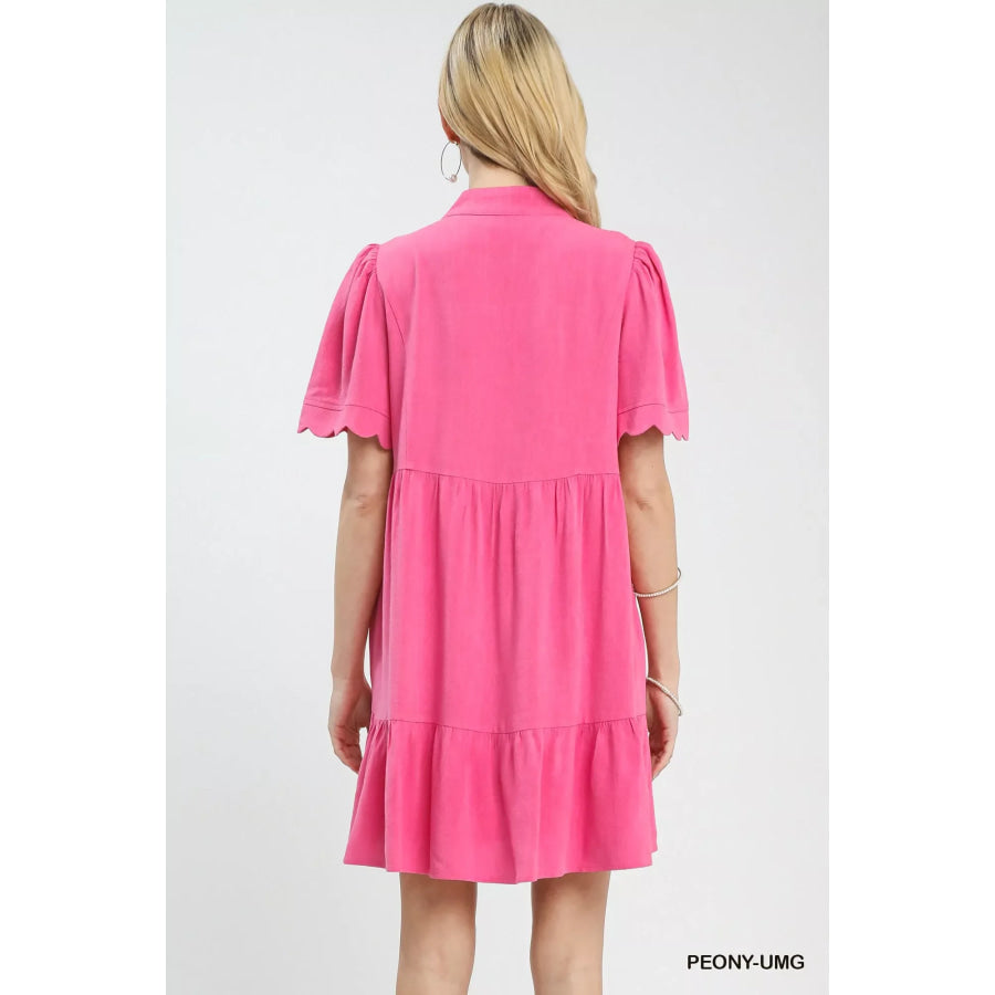 Umgee Linen Tiered Babydoll Dress with Scalloped Sleeves Apparel and Accessories