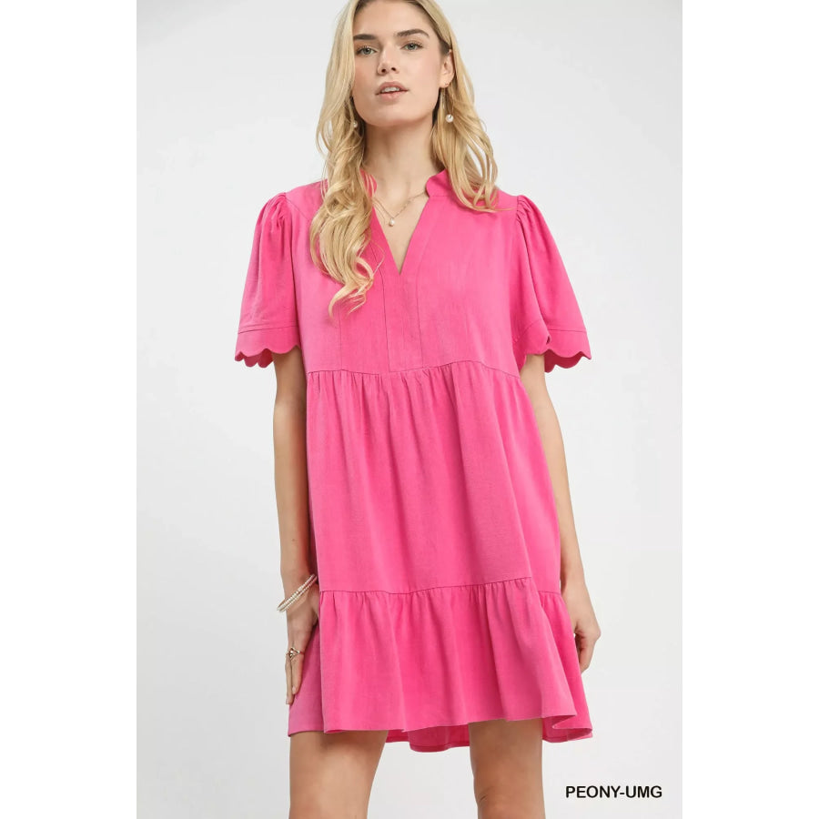 Umgee Linen Tiered Babydoll Dress with Scalloped Sleeves PEONY-UMG / S Apparel and Accessories