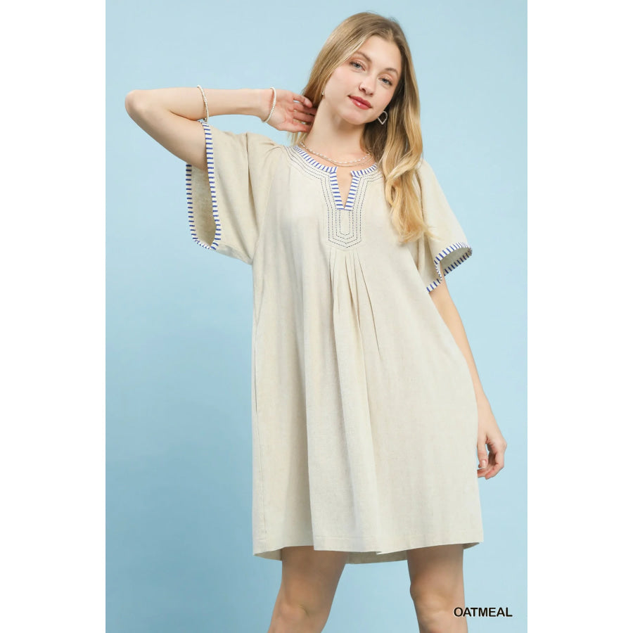 Umgee Linen Trim Tunic Dress OATMEAL / S Apparel and Accessories