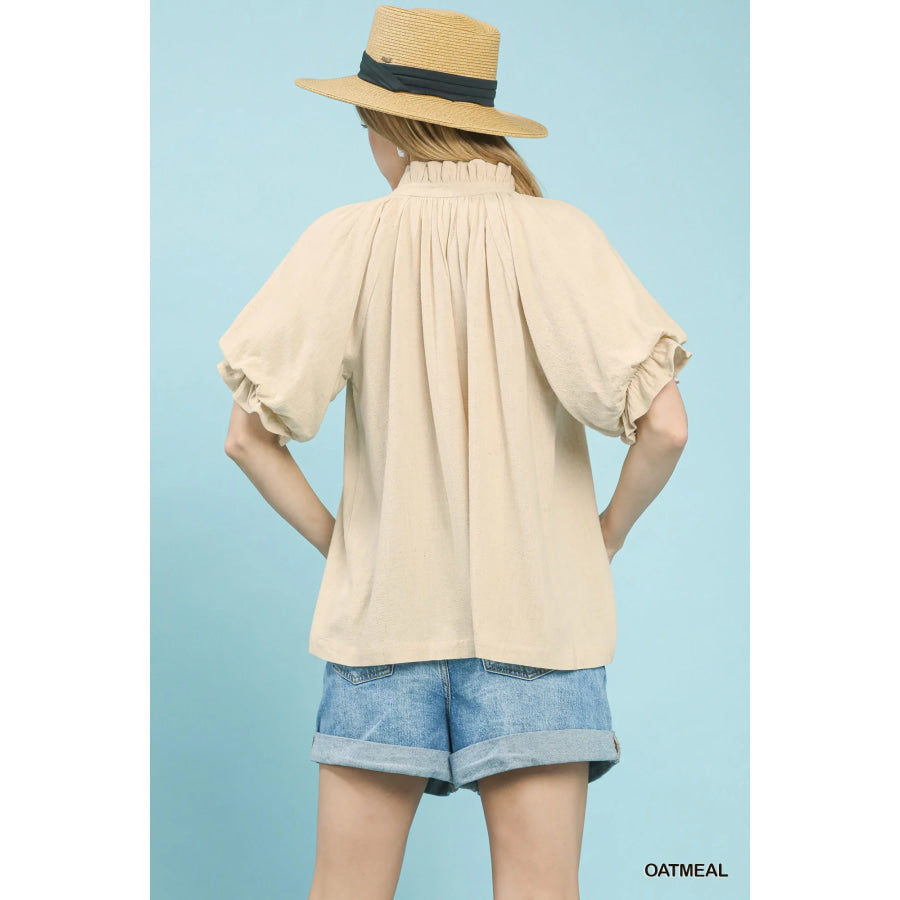 Umgee Linen V-Neck Flutter Sleeve Top Apparel and Accessories