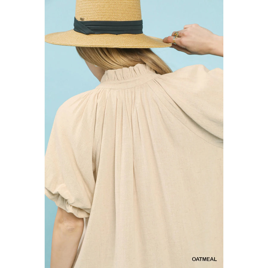 Umgee Linen V-Neck Flutter Sleeve Top Apparel and Accessories