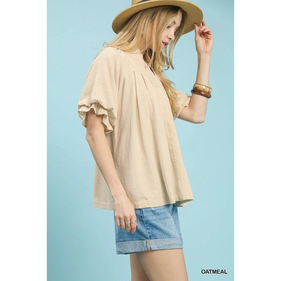 Umgee Linen V-Neck Flutter Sleeve Top OATMEAL / S Apparel and Accessories