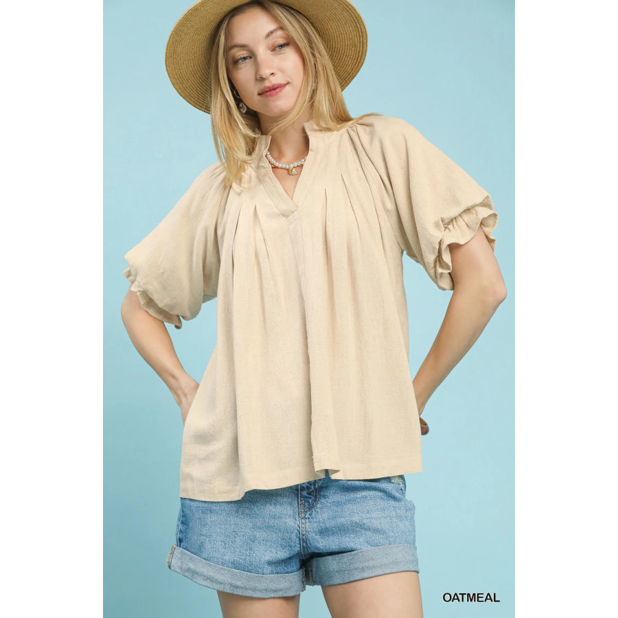 Umgee Linen V-Neck Flutter Sleeve Top OATMEAL / S Apparel and Accessories