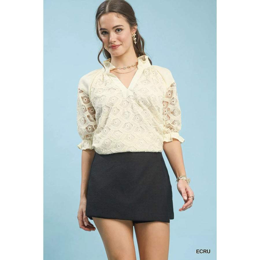Umgee Linen V-Neck Lace Puff Sleeve Top ECRU / S Apparel and Accessories