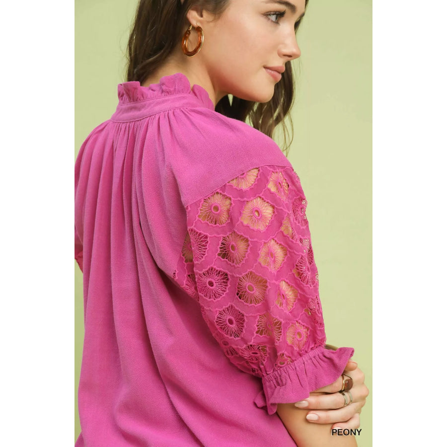 Umgee Linen V-Neck Lace Puff Sleeve Top Apparel and Accessories
