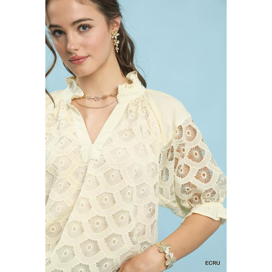 Umgee Linen V-Neck Lace Puff Sleeve Top Apparel and Accessories