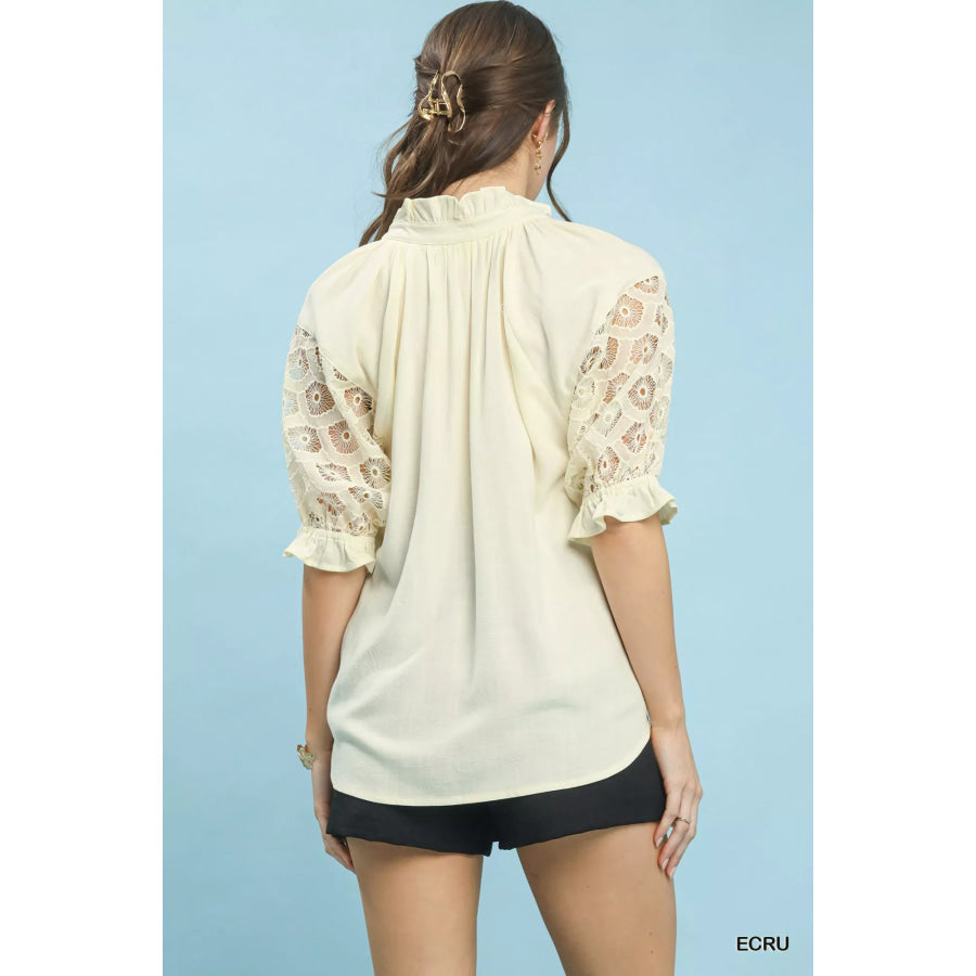Umgee Linen V-Neck Lace Puff Sleeve Top Apparel and Accessories