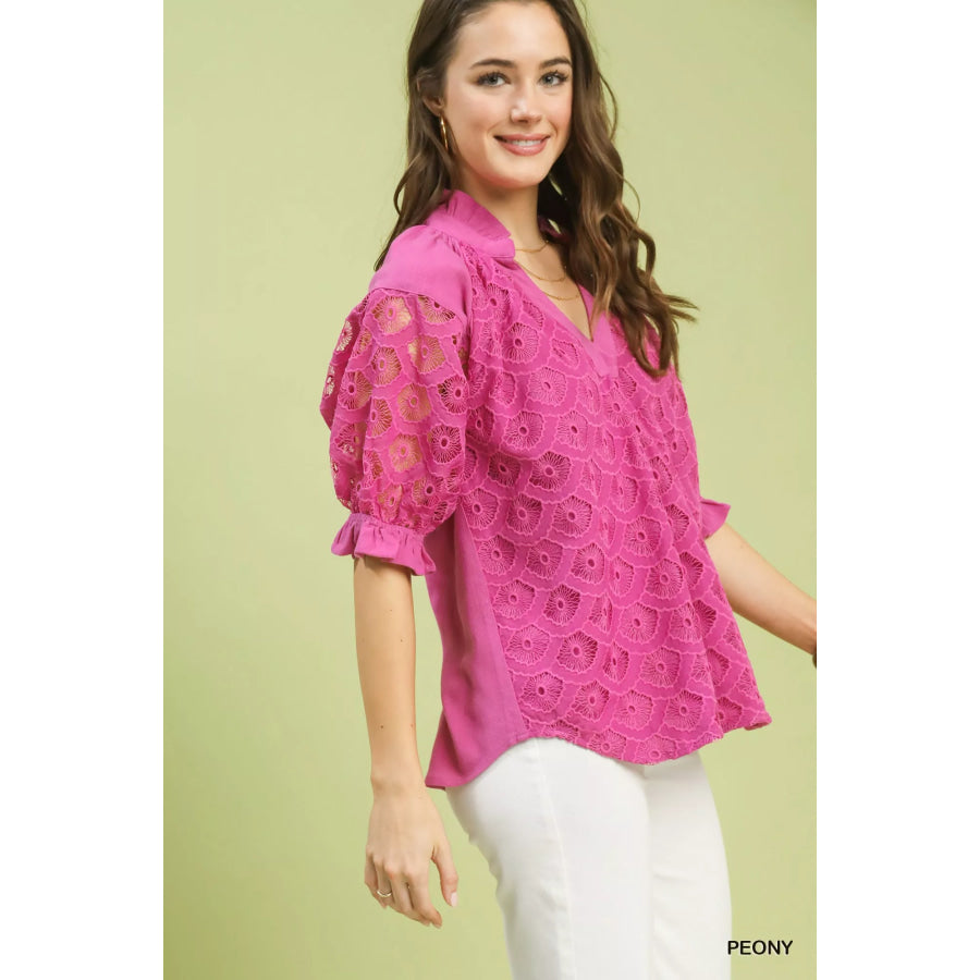 Umgee Linen V-Neck Lace Puff Sleeve Top Apparel and Accessories