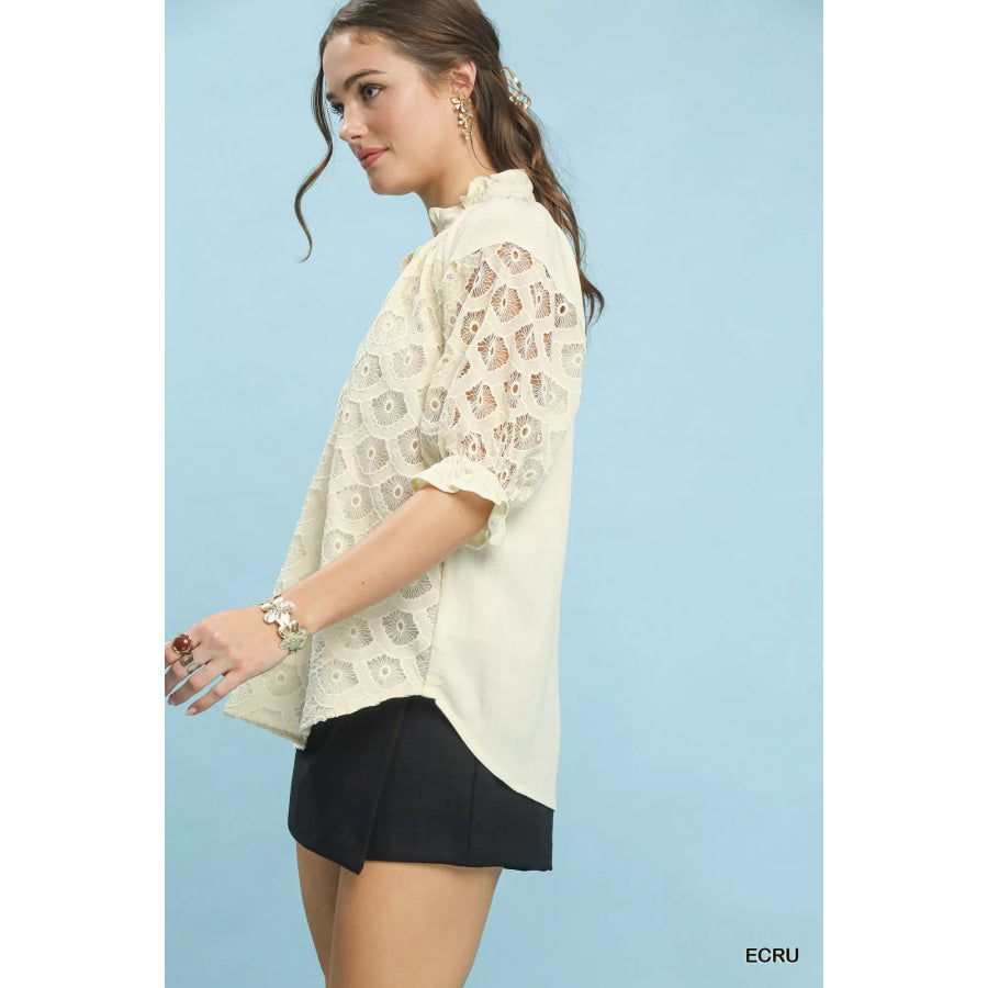 Umgee Linen V-Neck Lace Puff Sleeve Top Apparel and Accessories