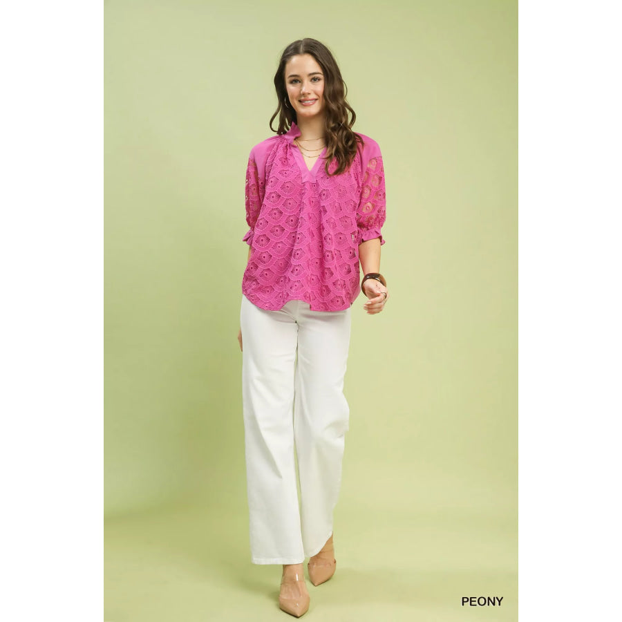 Umgee Linen V-Neck Lace Puff Sleeve Top Apparel and Accessories