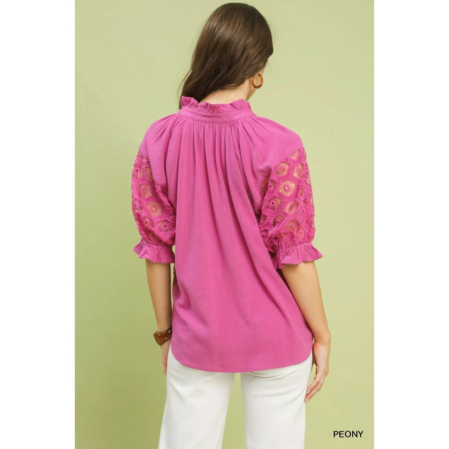 Umgee Linen V-Neck Lace Puff Sleeve Top Apparel and Accessories