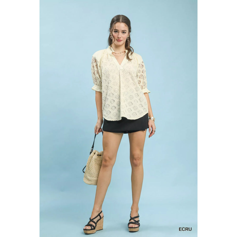Umgee Linen V-Neck Lace Puff Sleeve Top Apparel and Accessories