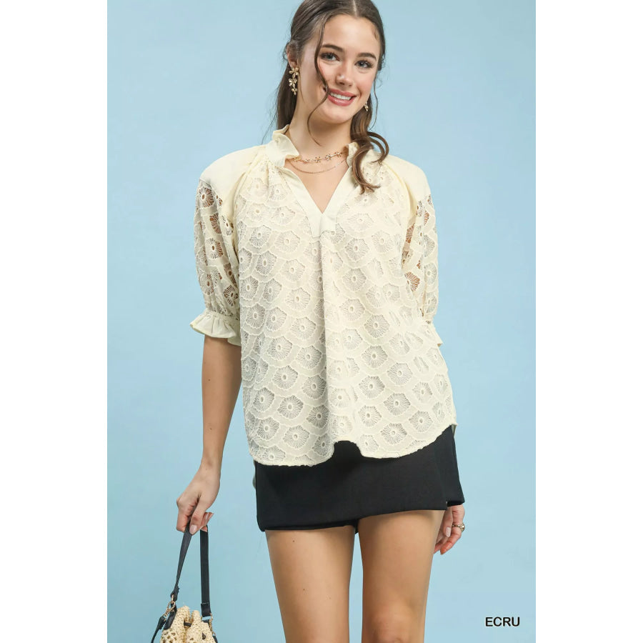 Umgee Linen V-Neck Lace Puff Sleeve Top ECRU / S Apparel and Accessories