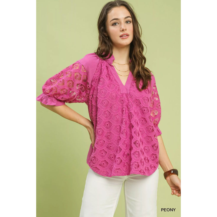 Umgee Linen V-Neck Lace Puff Sleeve Top PEONY / S Apparel and Accessories