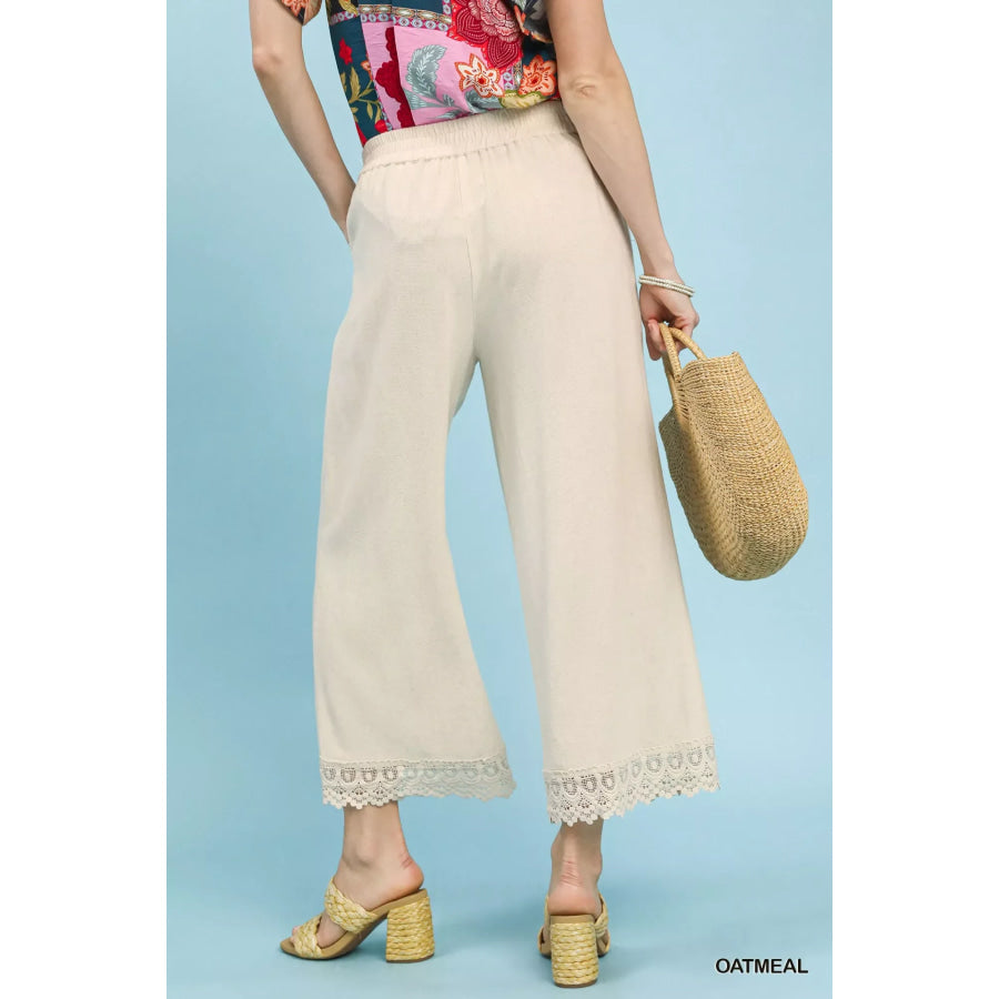 Umgee Linen Wide Leg Cropped Pants with Lace Trim Apparel and Accessories