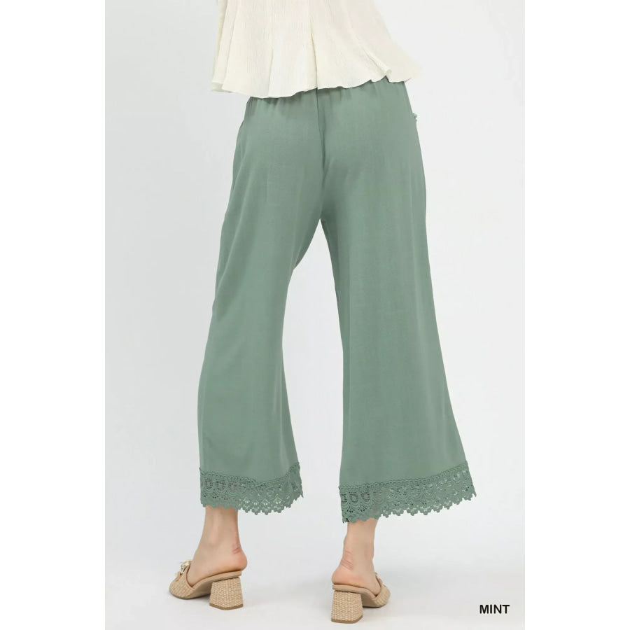 Umgee Linen Wide Leg Cropped Pants with Lace Trim Apparel and Accessories