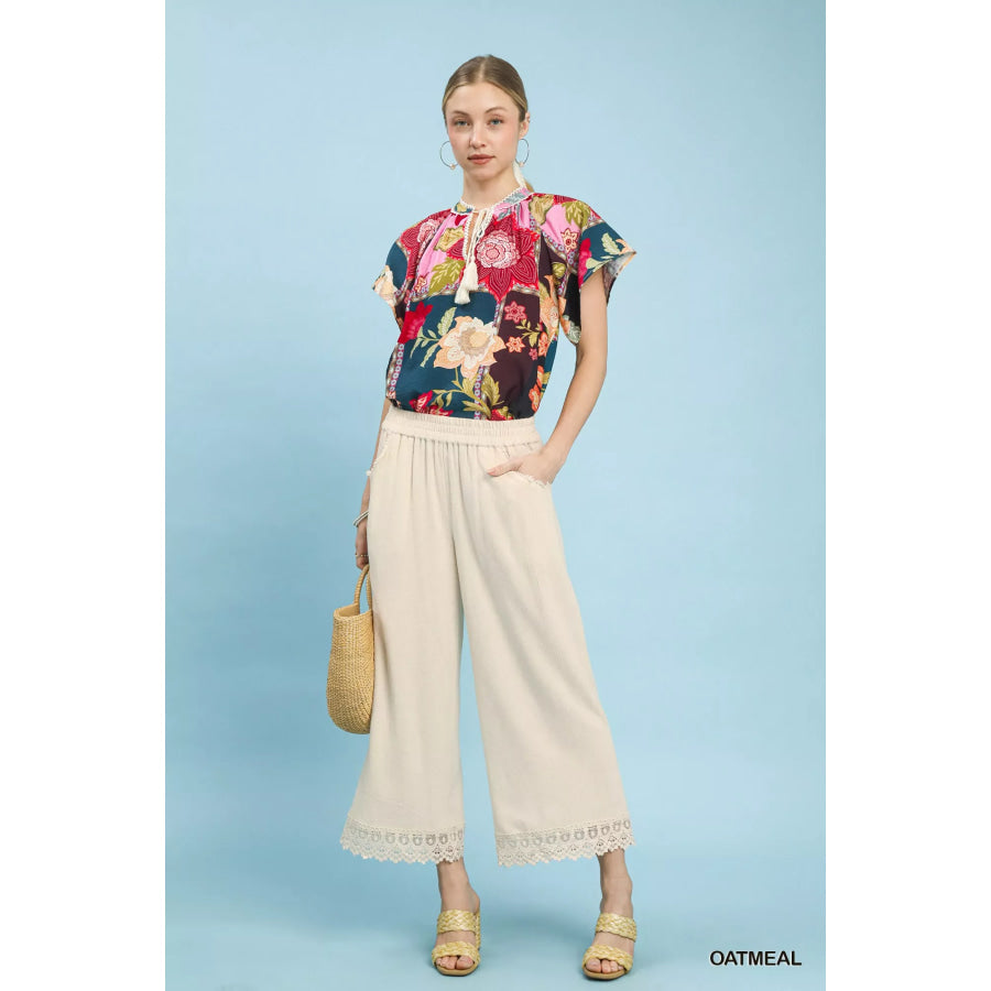 Umgee Linen Wide Leg Cropped Pants with Lace Trim Apparel and Accessories