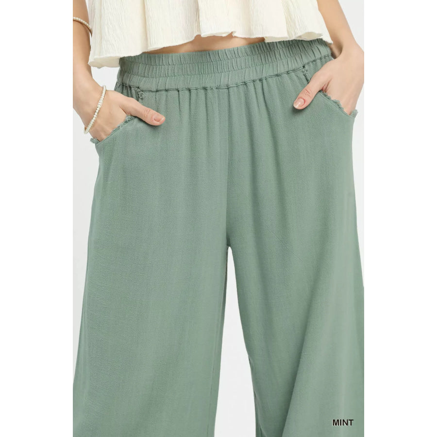 Umgee Linen Wide Leg Cropped Pants with Lace Trim Apparel and Accessories