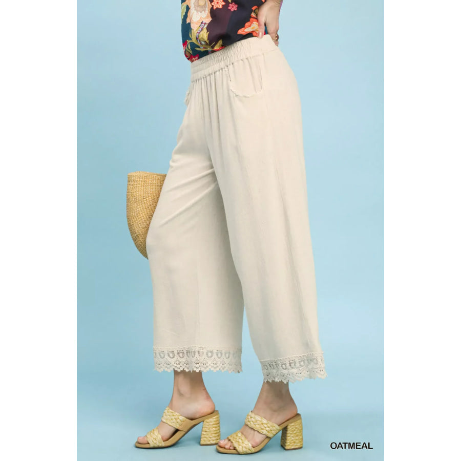 Umgee Linen Wide Leg Cropped Pants with Lace Trim Apparel and Accessories